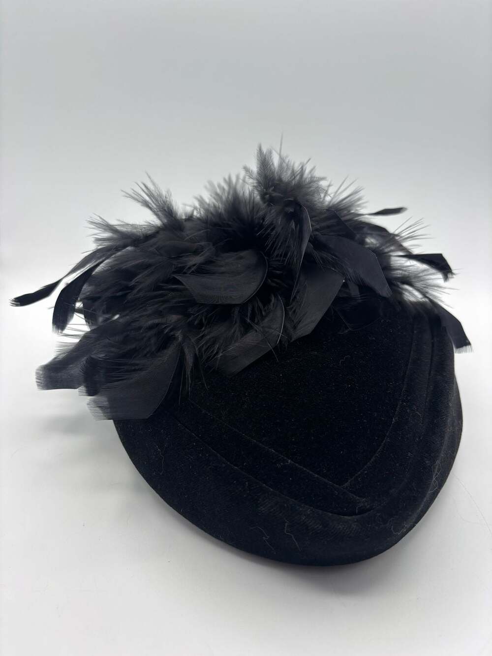 Vintage Black Velvet Pillbox Hat with Feathers Made in Great Britain